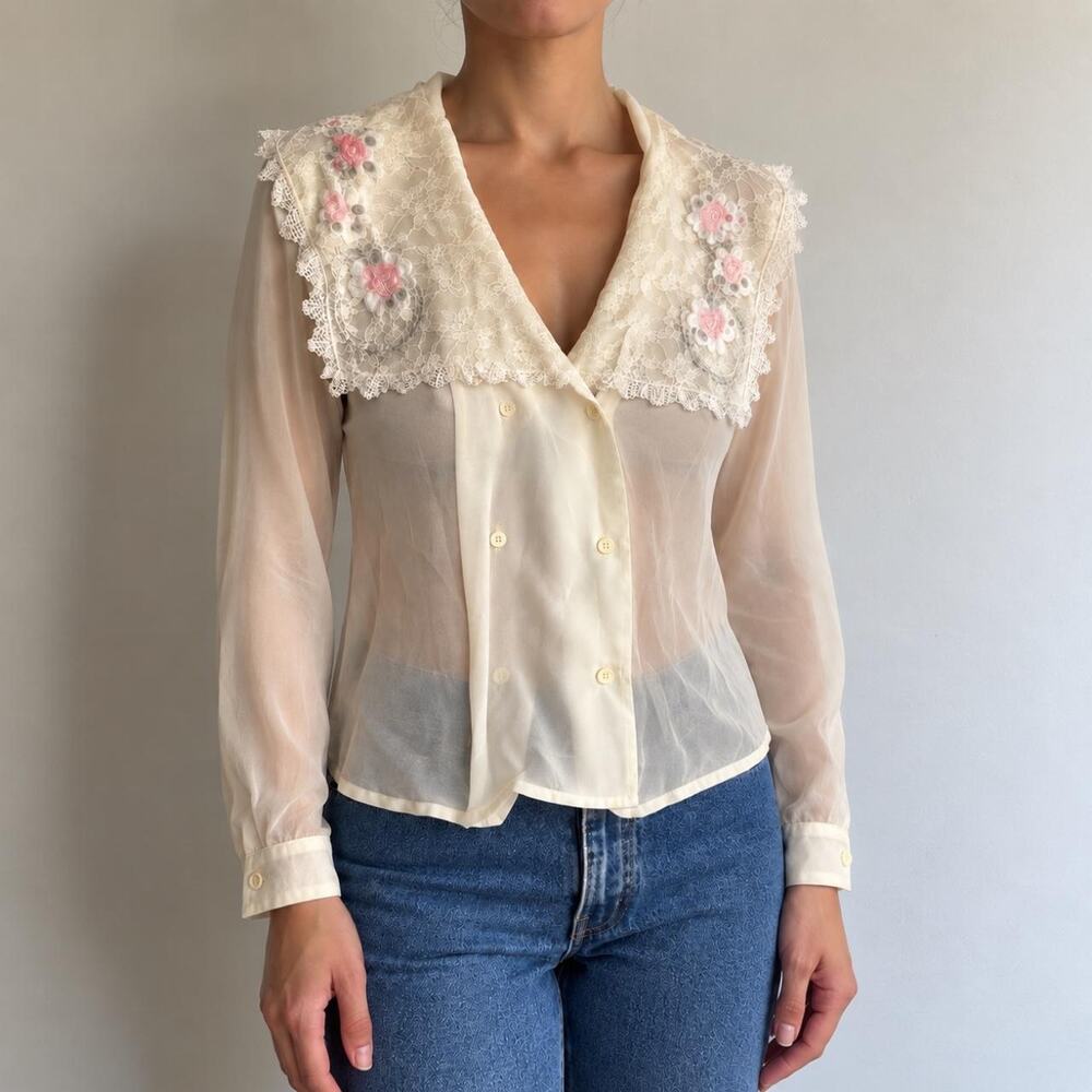 Vintage 90s Nilani Romantic Coquette Ivory Lace Floral Edwardian Blouse Sz 5/6 M